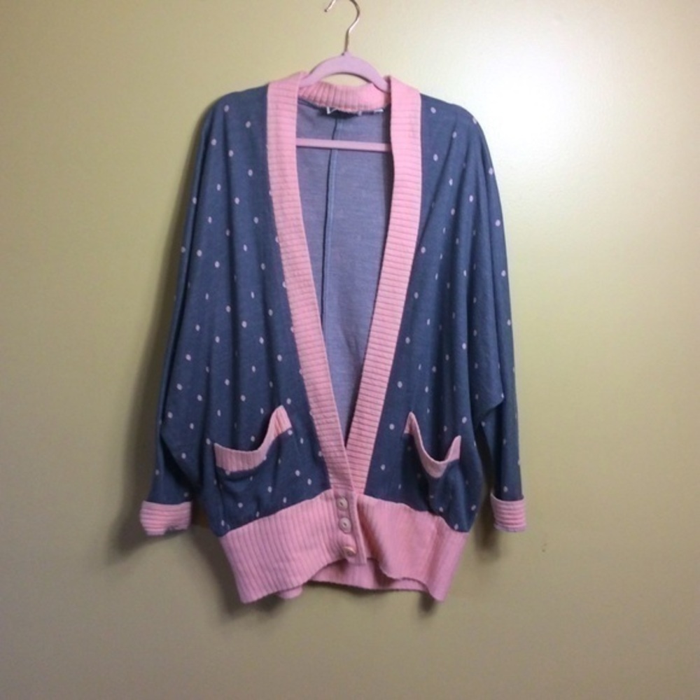 Vintage Lynn French oversized gray V-neck polkadot cardigan sweater M